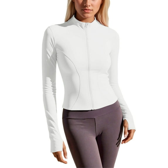 Yuanlong Womens Zip up Jackets White Slim Fit Stretchy Yoga hoodless Tops Gym Fitness Daily Long Sleeve Outwear Jacket
