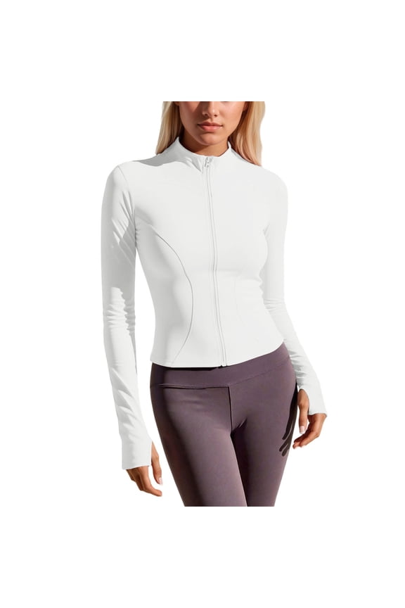 Womens Zip up Jackets White Slim Fit Stretchy Yoga hoodless Tops Gym Fitness Daily Long Sleeve Outwear Jacket