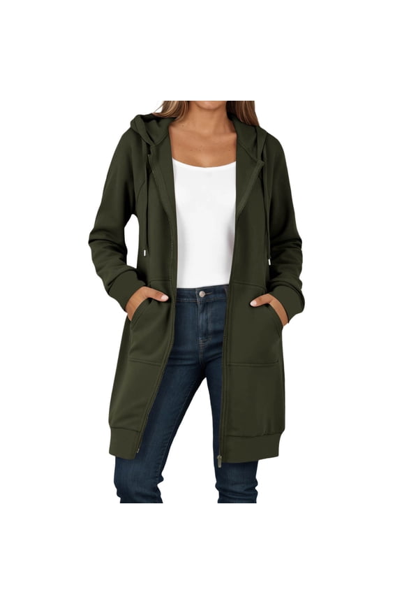 Womens Zipper Hoodies Full Sleeve With Pockets Plain Outwear Jacket Autumn Winter Daily Outing Long Coat Tops