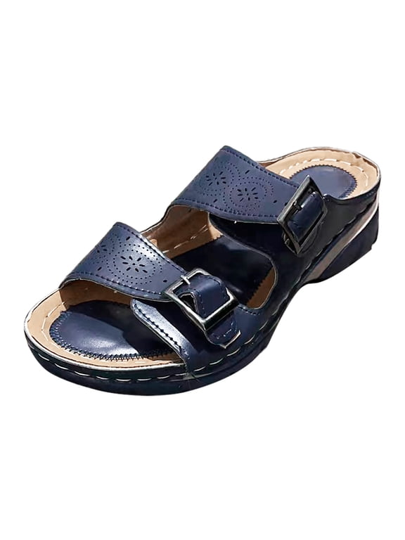 womens Slippers Open Toe Two Buckle Strap Slides Sandals Solid Color Casual Wedges Soft Sole Breathable Comfort Shoes