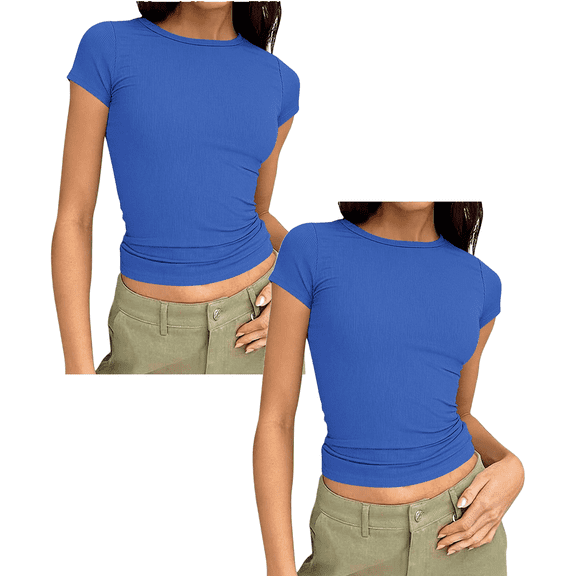 Yuanlook 2 Pack Women's Crew Neck Ribbed Skim Short Sleeve Fitted T Shirts Casual Basic Tight Tees Stretchy Tops for Women S-XXL
