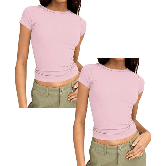 Yuanlook 2 Pack Women's Crew Neck Ribbed Skim Short Sleeve Fitted T Shirts Casual Basic Tight Tees Stretchy Tops for Women S-XXL