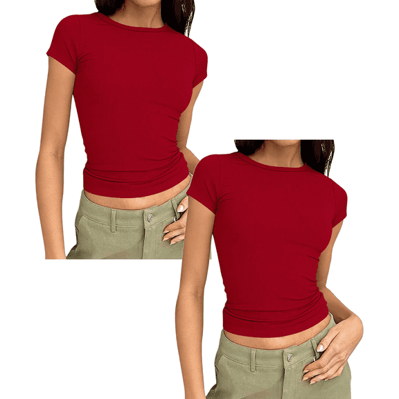 Yuanlook 2 Pack Women's Crew Neck Ribbed Skim Short Sleeve Fitted T Shirts Casual Basic Tight Tees Stretchy Tops for Women S-XXL