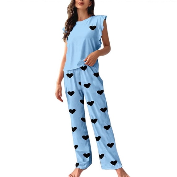 Yuanlook 2Pcs Loungewear Set for Women, Round Neck Sleeveless Ruffle Top & Heart Pattern Long Pants Night Wear