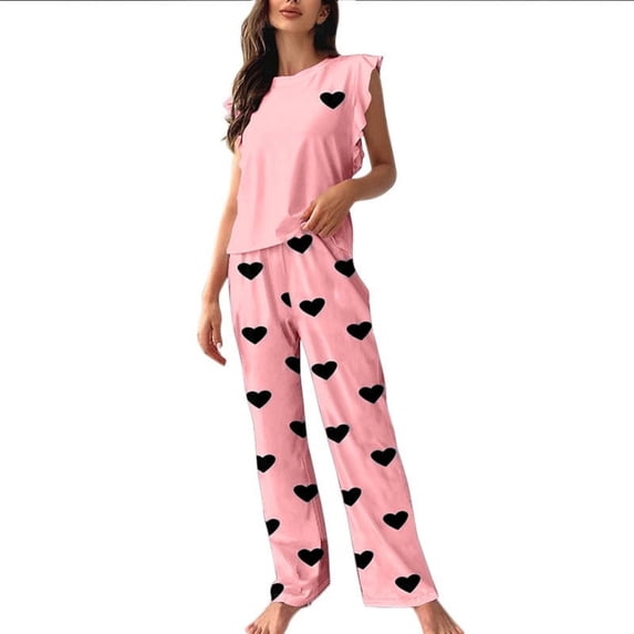 Yuanlook 2Pcs Loungewear Set for Women, Round Neck Sleeveless Ruffle Top & Heart Pattern Long Pants Night Wear