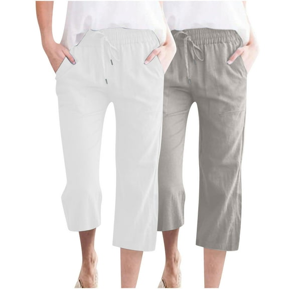 Yuanlook 2Pcs Women Cozy Capris Lightweight High Waist Elastic Drawstring Pants with Pockets Cropped Trousers - Gray - L