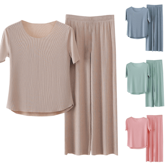 Yuanlook 2Pcs Women Solid Color Nightwear Set, Breathable Ribbed Short Sleeve Top & High Waist Wide Leg Pants Indoor Loungewear L-XXXL