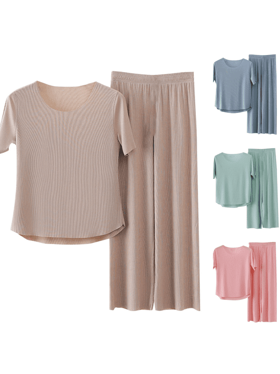 2Pcs Women Solid Color Nightwear Set, Breathable Ribbed Short Sleeve Top & High Waist Wide Leg Pants Indoor Loungewear L-XXXL