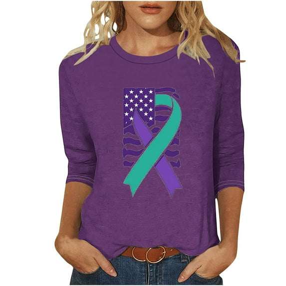 Yuanlook 3/4 Length Sleeve T-Shirt for Women,Crew Neck Tops Spring Summer Fashion Tunic Shirts Loose Fit Tees - Purple - S