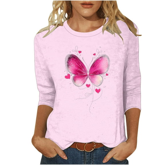 Yuanlook 3/4 Length Sleeve Tops for Women,Crew Neck Tunic Tops Business Casual Blouses Women's Tees Shirt - Pink - M