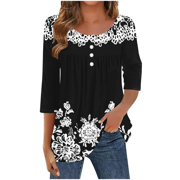 Yuanlook 3/4 Length Sleeve Tops for Women,Crewneck Casual Pleated Tunic Tops Loose Fit Shirts Blouses - Black - L