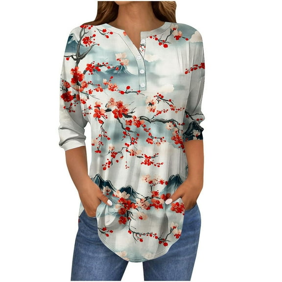 Yuanlook 3/4 Length Sleeve Tops for Women Crewneck Casual Tunic Tops Loose Fit Shirts Blouses - Red - S
