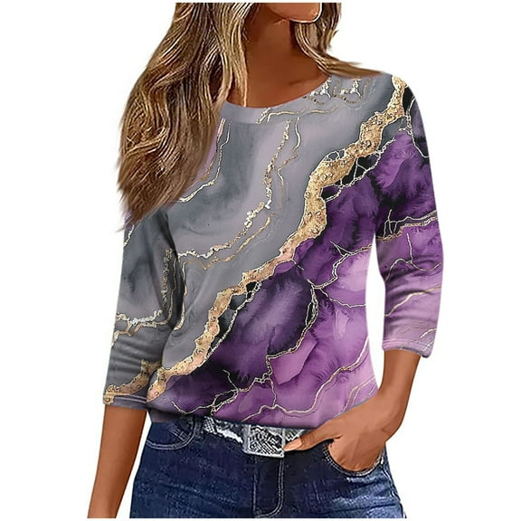 Yuanlook 3/4 Length Sleeve Women Tops Crew Neck Blouses Dressy Casual Summer T Shirts Loose Fit Business Work Clothes - Purple - XXL