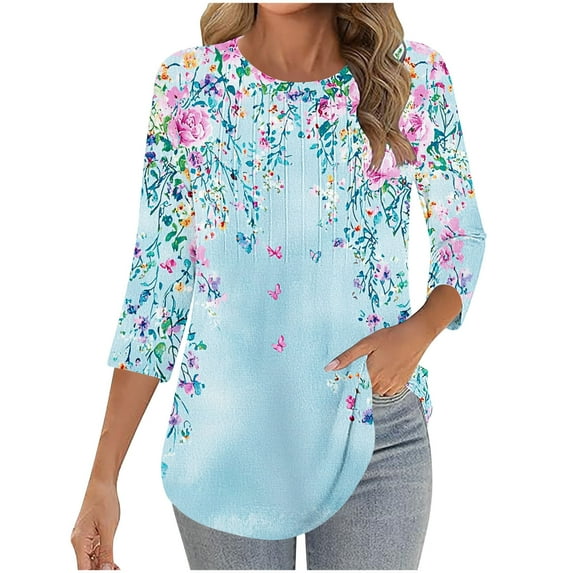 Yuanlook 3/4 Length Sleeve Womens Tops,Round Neck Floral Print Vintage Shirts Casual Loose Crew Neck Tees - Light Blue - XXXL