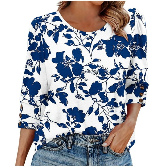 Yuanlook 3/4 Length Sleeve Womens Tops Summer Fashion Trendy Boat Crew Neck Smocked Work Dressy Casual T Shirt Blouses - Blue - L
