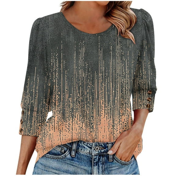 Yuanlook 3/4 Sleeve Shirts for Women Spring Striped Crewneck Business Casual Tops Loose Three Quarter Length Work Blouses - Gray - S