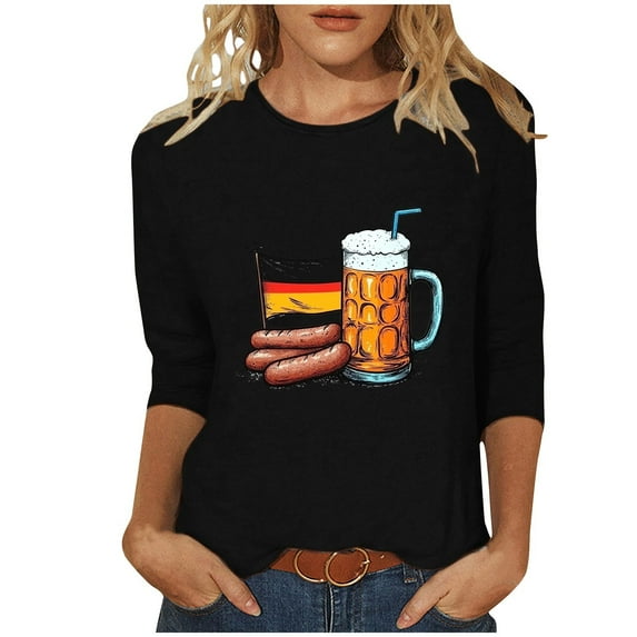 Yuanlook 3/4 Sleeve Tops for Women Round Neck Dressy Basics Tees Casual Trendy Loose Fit T Shirts - Black - XL