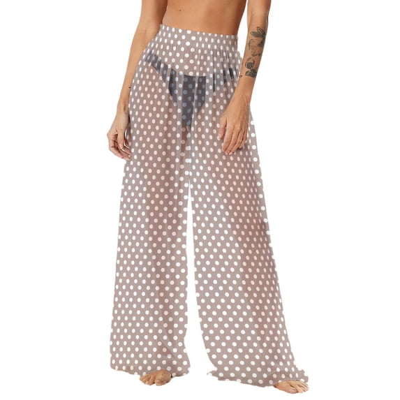 Yuanlook Beach Cover Up Pants for Women,Elastic High Waist Bathing Suit Mesh Sheer Wide Leg Pant - Khaki - L