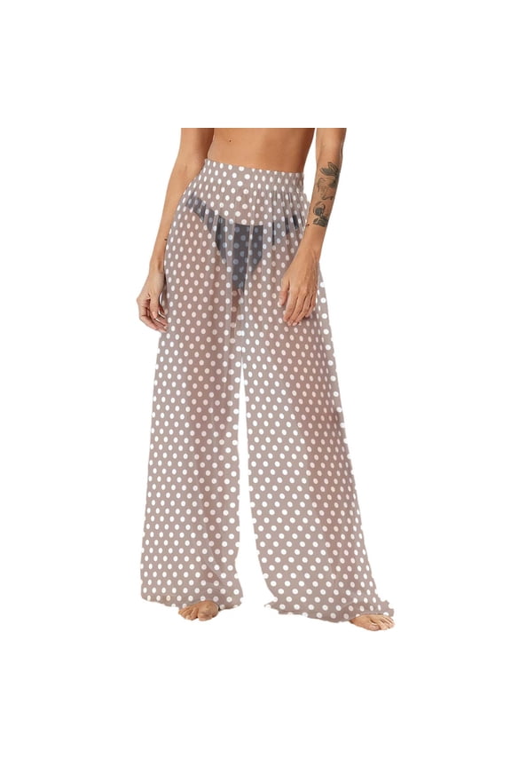 Beach Cover Up Pants for Women,Elastic High Waist Bathing Suit Mesh Sheer Wide Leg Pant - Khaki - S