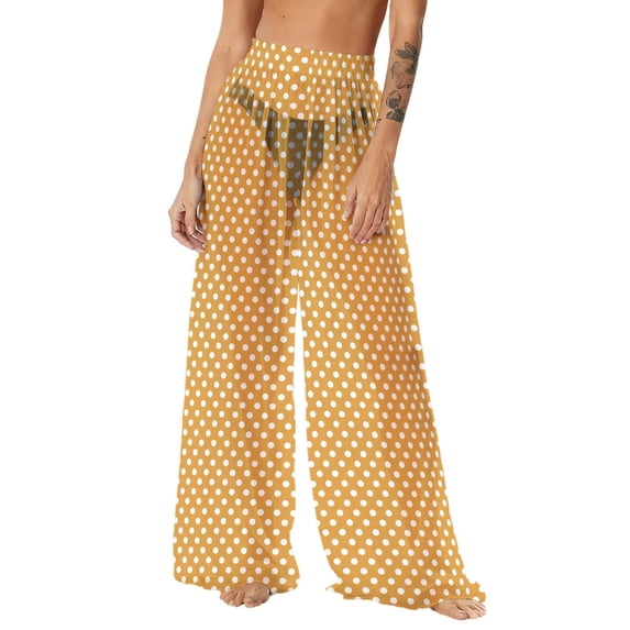 Yuanlook Beach Cover Up Pants for Women,Elastic High Waist Bathing Suit Mesh Sheer Wide Leg Pant - Yellow - XL