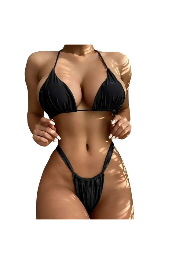 Bikini Sets for Women Halter Triangle Swim Suits Two Piece Swimsuit Lace up Spaghetti Strap Bathing Suit High Waisted Swimwear,Black,L