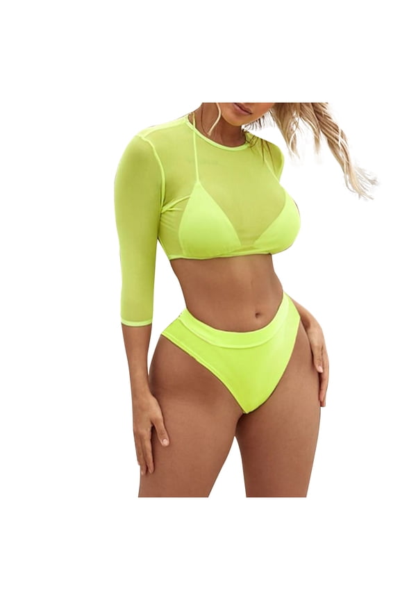 Bikini Sets for Women Long Sleeve Tankini Swimsuits Mesh Slimming Bathing Suit for Beach Holiday Pool Travel,Yellow,S
