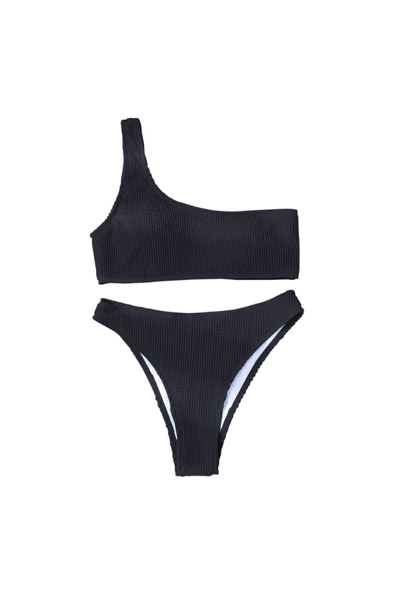 Bikini Sets for Women One Shoulder Ribbed Swimsuit 2 Piece Ruched Bathing Suit Swim Suits for Womens,Black,M
