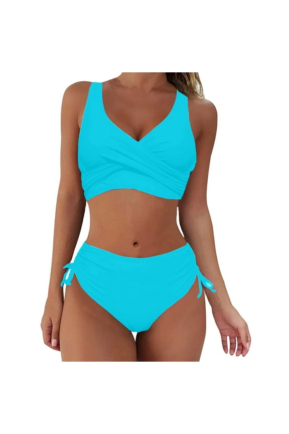 Bikini Sets for Women Solid Color Two Piece Swimsuit Crisscross Bathing Suits Side Drawstring Bottoms Swimwear,Blue,S