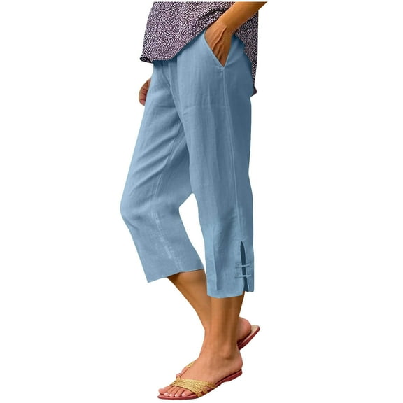 Yuanlook Casual Capri Pants for Women,Wide Leg Linen Palazzo Trousers Pull On Elastic Loose Flowy Pants - Blue - S