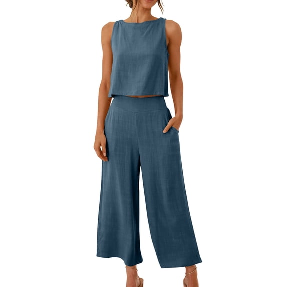 Yuanlook Casual Cotton Linen Tank Top and Culottes Set Women's Elastic Waist Wide Leg Pants Suit