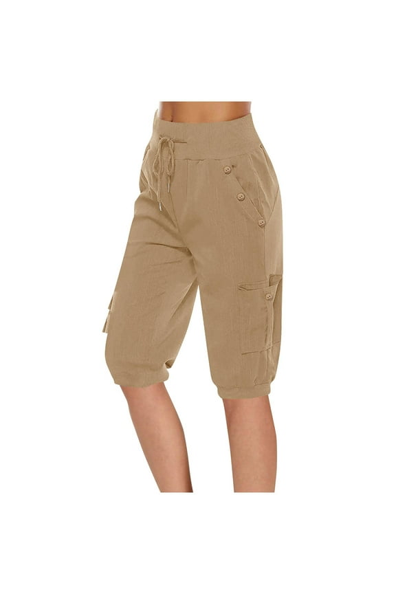 Casual Lantern Harem Pants for Women,Knee Length Tapered Loose Fit Trousers Summer Baggy Capri - Beige - S