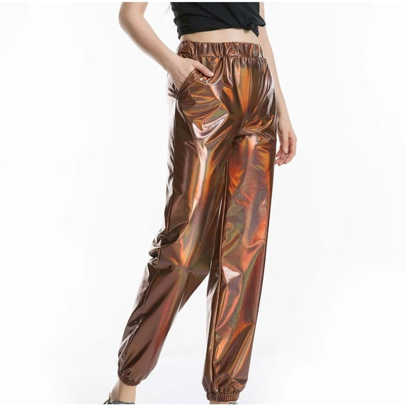 Yuanlook Casual Metallic Jogger Pants for Women Drawstring Waist Streetwear & Clubwear Trousers Size S-XXL