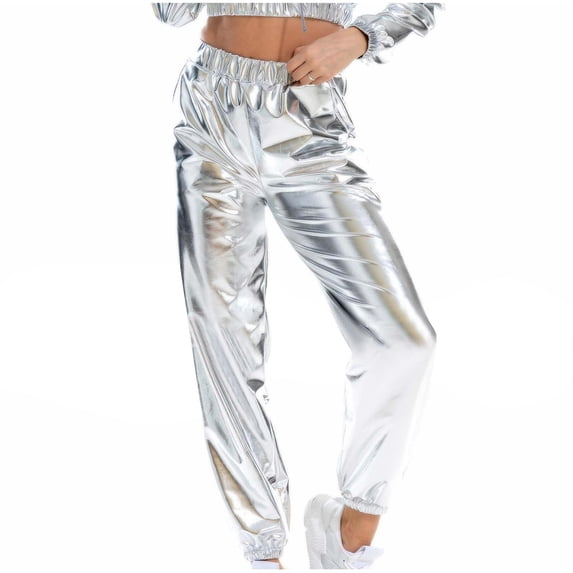 Yuanlook Casual Metallic Jogger Pants for Women Drawstring Waist Streetwear & Clubwear Trousers Size S-XXL