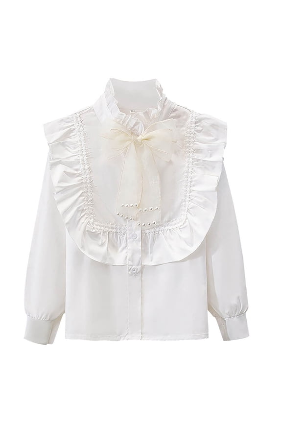 Children Elegant Ruffle Collar Blouse with Tulle Bow Pearl Trim Long Sleeve Button Shirt Top For Kids