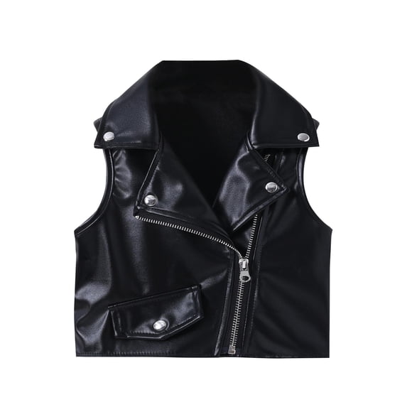 Yuanlook Coat For Kids Girls Boys Solid Color Faux Leather Sleeveless Jacket With Zipper Coat