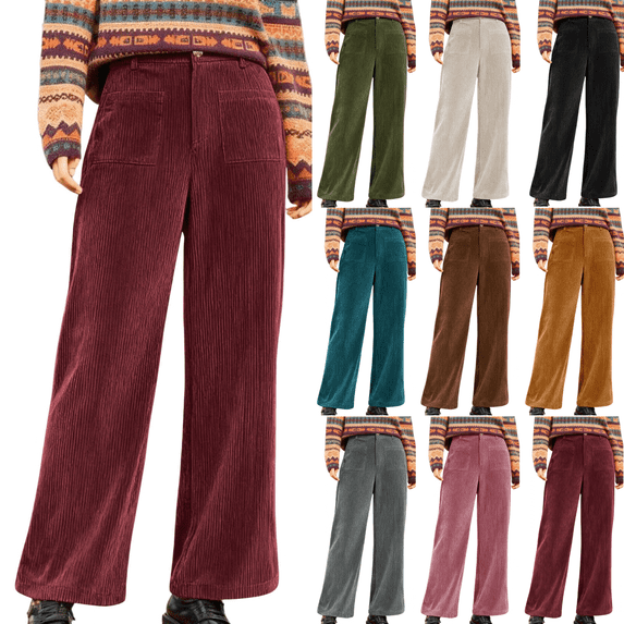 Yuanlook Corduroy Wide Leg Pants for Women High Waisted Loose Fit Retro Casual Pants Size S-XXL