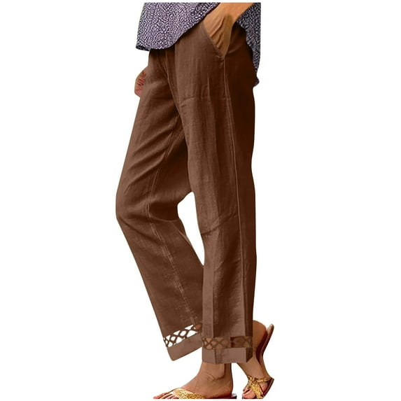 Yuanlook Cotton Linen Pants for Women Elastic Waist Lace Straight Leg Pants Solid Casual Wide Leg Pants Beach Vacation Pants with Pockets S-XXL