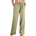 thumbnail image 1 of Yuanlook Cotton Linen Pants for Women,Wide Leg Straight Pant Drawstring Beach Trousers with Pockets - Army Green, 1 of 9