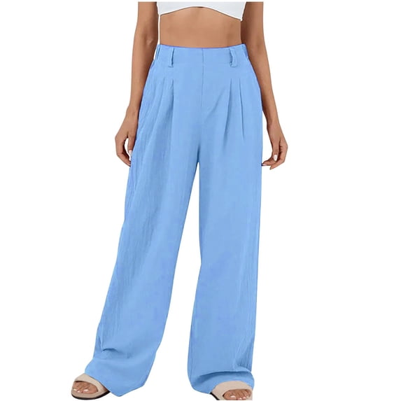 Yuanlook Cotton Linen Wide Leg Pants for Women High Waisted Pleated Loose Fit Casual Pants Size S-XXL