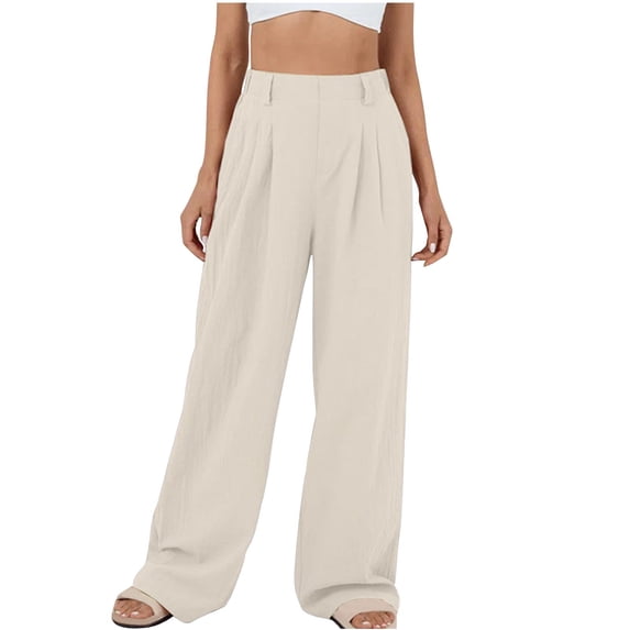 Yuanlook Cotton Linen Wide Leg Pants for Women High Waisted Pleated Loose Fit Casual Pants Size S-XXL