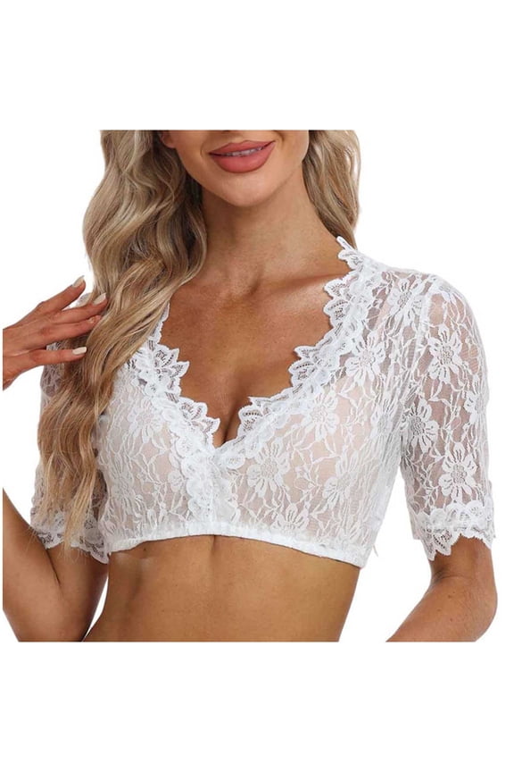 Dirndl Blouse Lace White/Transparent Tops,Dirndl Dress Accessories - White - XXL