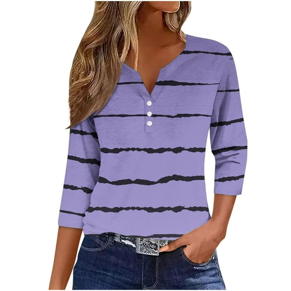 Yuanlook Dressy Casual Tops for Women,3/4 Length Sleeve Womens Tops Loose Fit V Neck T-Shirts Blouses - Purple - L