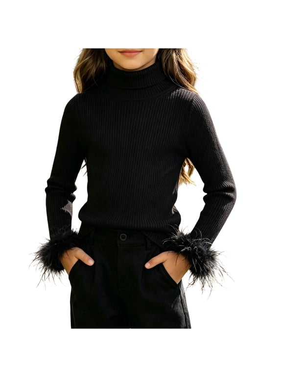 Feather Cuff Turtleneck Ribbed Knit Slim Fit Sweater Fashionable Casual Top For Kids Girls