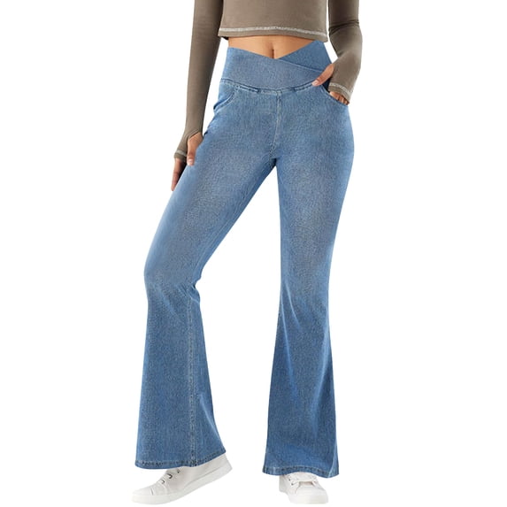 Yuanlook Flare Jeans for Women,Crossover High Waisted Bell Bottom Jeans Yoga Pants Stretchy Flared Leggings with Pockets