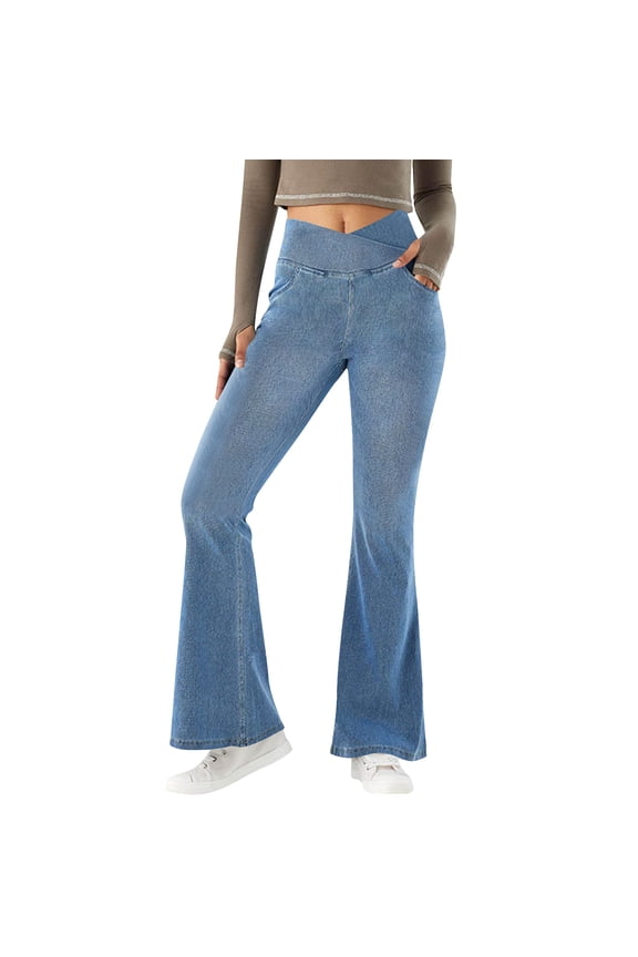 Flare Jeans for Women,Crossover High Waisted Bell Bottom Jeans Yoga Pants Stretchy Flared Leggings with Pockets