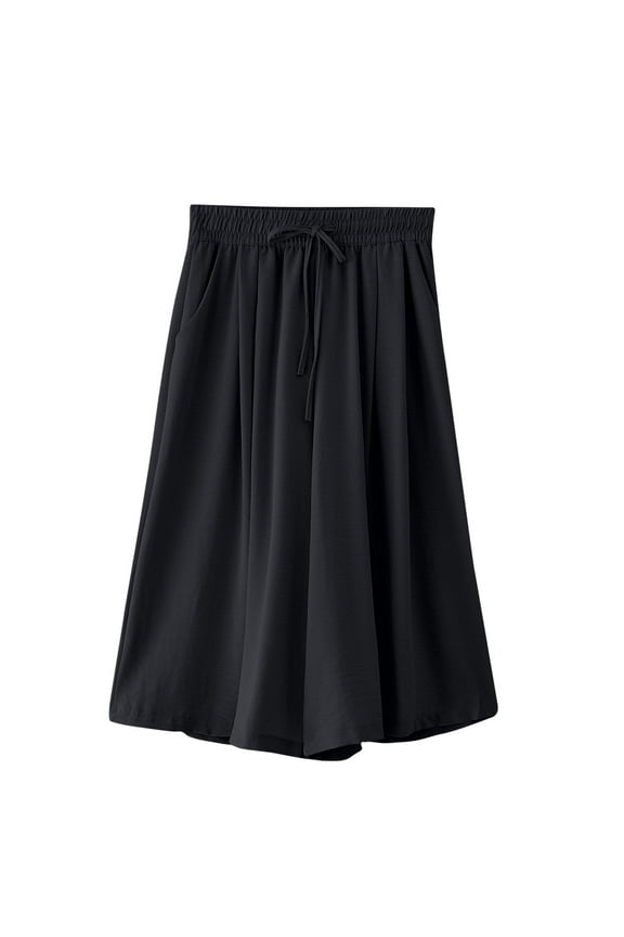 Flowy Loose Capri Pants for Women,Wide Leg Casual Trousers Palazzo Pants Crop Lounge Sweatpants Workout Pants with Pocket - Black - L