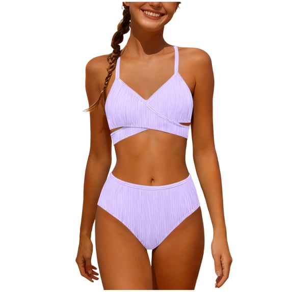 Yuanlook Girl's Summer Beach Ribbed 2 Piece Bikini Set Criss Cross High Waist Swimwear