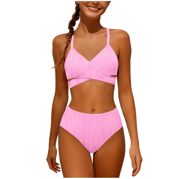 Yuanlook Girl's Summer Beach Ribbed 2 Piece Bikini Set Criss Cross High Waist Swimwear