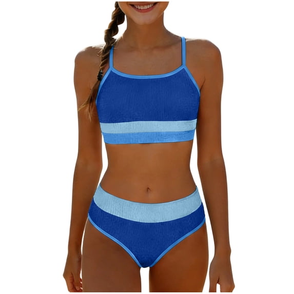 Yuanlook Girls Color Block 2 Piece Bikini Set Spaghetti Strap High Waist Swimwear
