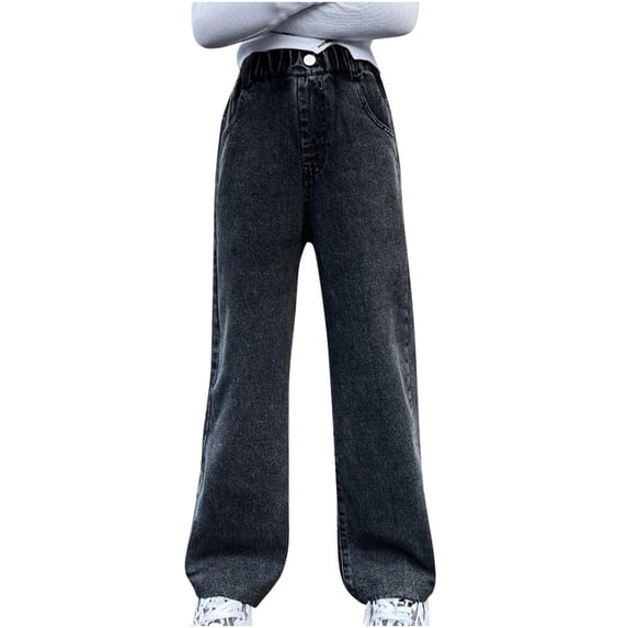 Yuanlook Girls Denim Pants Mid Waist Loose Fit Pockets Straight Leg Wide Leg 8-16T